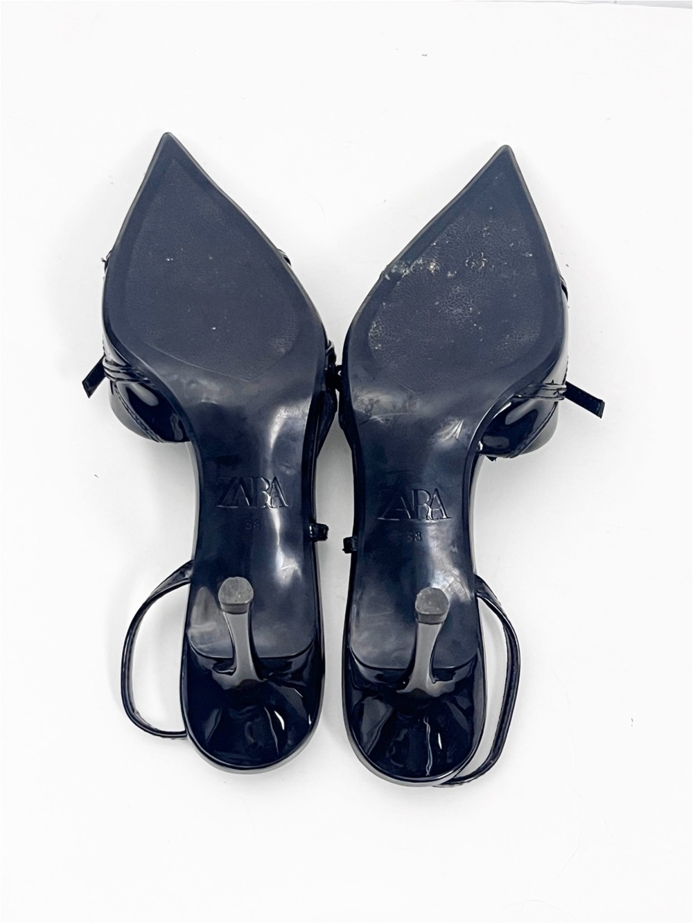 ZARA Black Patent Leather Strappy Pointy Toe Slingback Heels Size 38 Classic - Picture 2 of 11